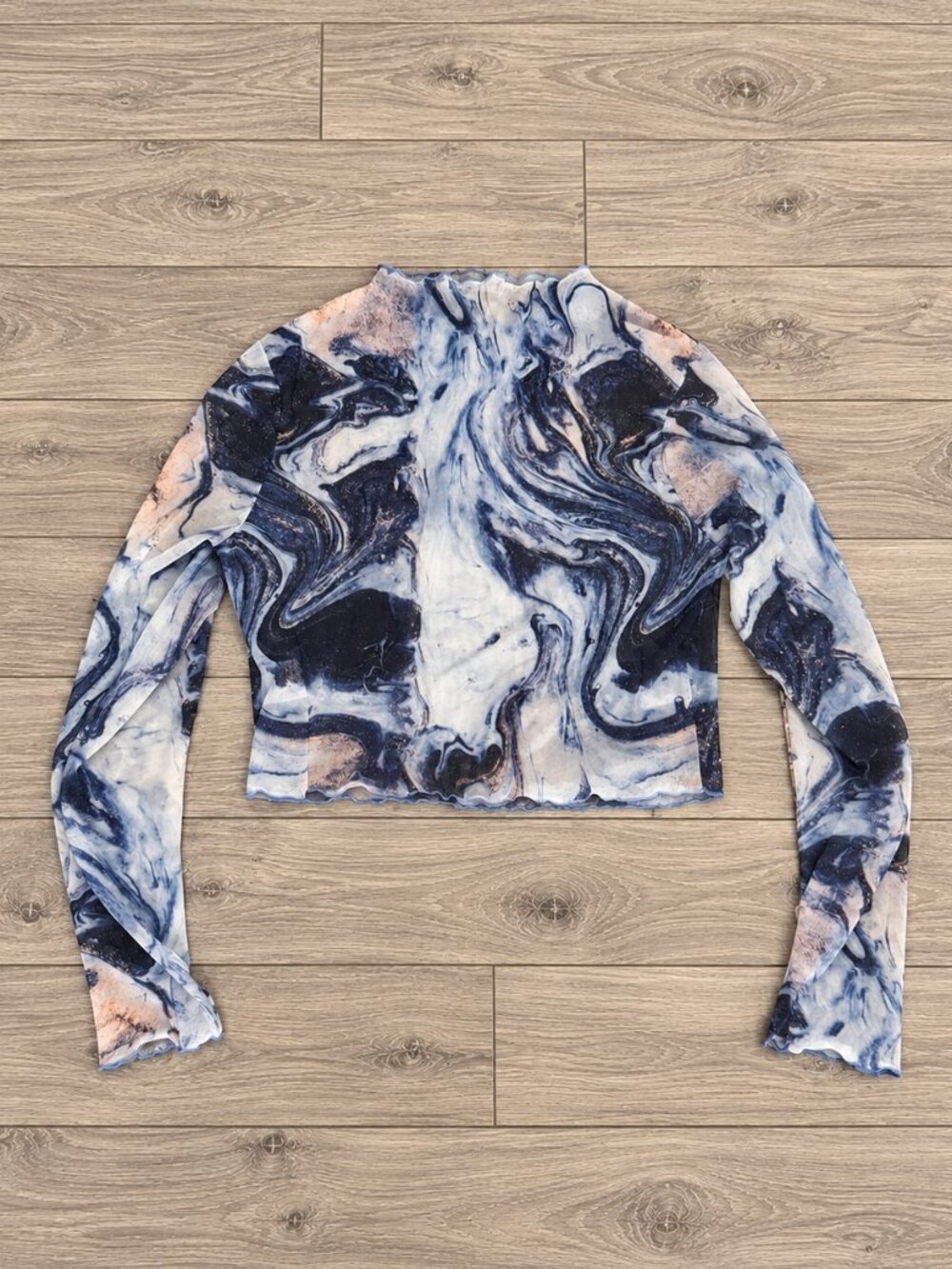 SHEIN Marble Print Sheer Mesh Long Sleeve Top Size L